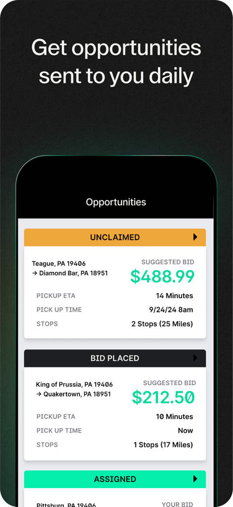 Pantalla móvil de la aplicación Conductor Curri que muestra las oportunidades de entrega disponibles con precios de oferta sugeridos e información de la ruta.