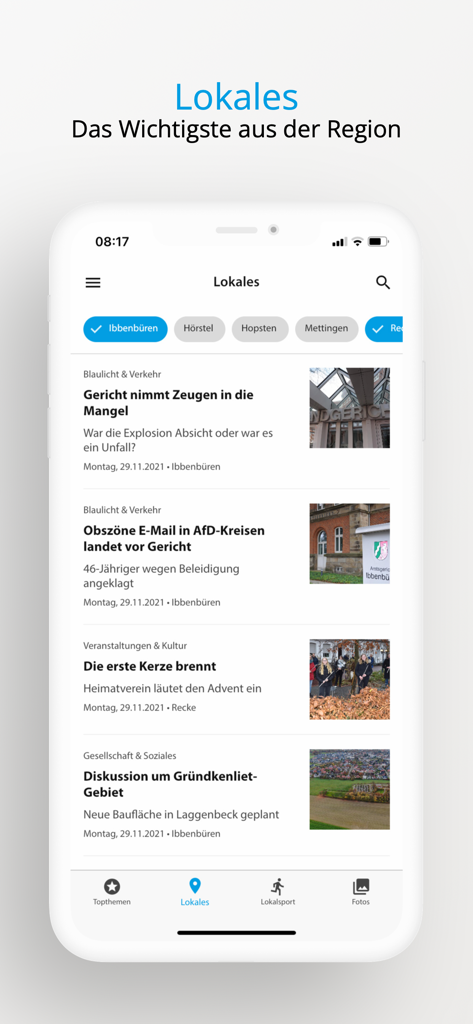 IVZ-aktuell - IVZ-aktuell App-Oberfläche, die lokale Nachrichtenartikel und Stadtfilter für die Region Tecklenburger Land anzeigt