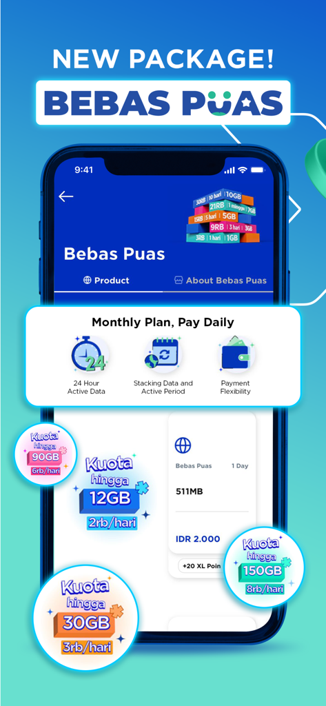 myXL–Cek Kuota & Beli Paket XL - myXL app interface showing Bebas Puas flexible monthly data plans with daily payments