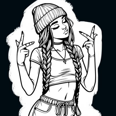 realistic teenage girl with braids and a beanie and crop top doing 🫶🏼