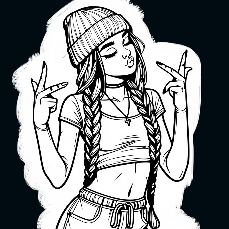 realistic teenage girl with braids and a beanie and crop top doing 🫶🏼