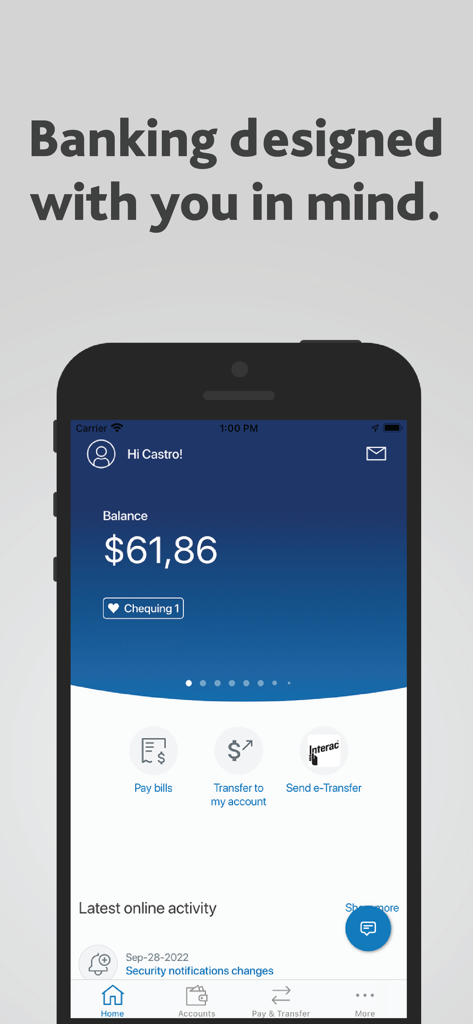 Alterna Bank Mobile Banking - Alterna Bank mobile app home screen showing account balance and quick actions for bill payments and e-transfers