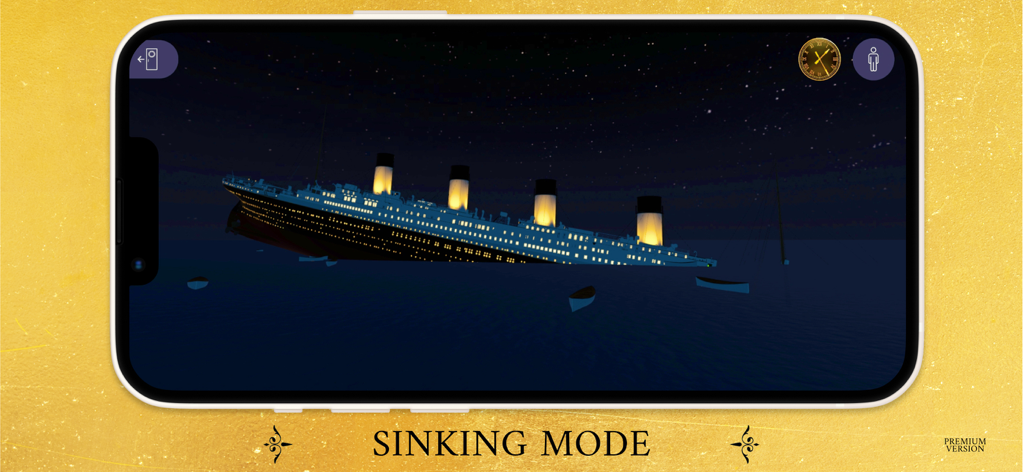 Simulation of the Titanic sinking at night with lifeboats in the water
