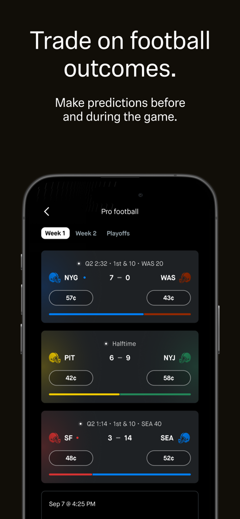 Robinhood app screen showing football prediction markets for NFL games with live scores and tradeable contracts.