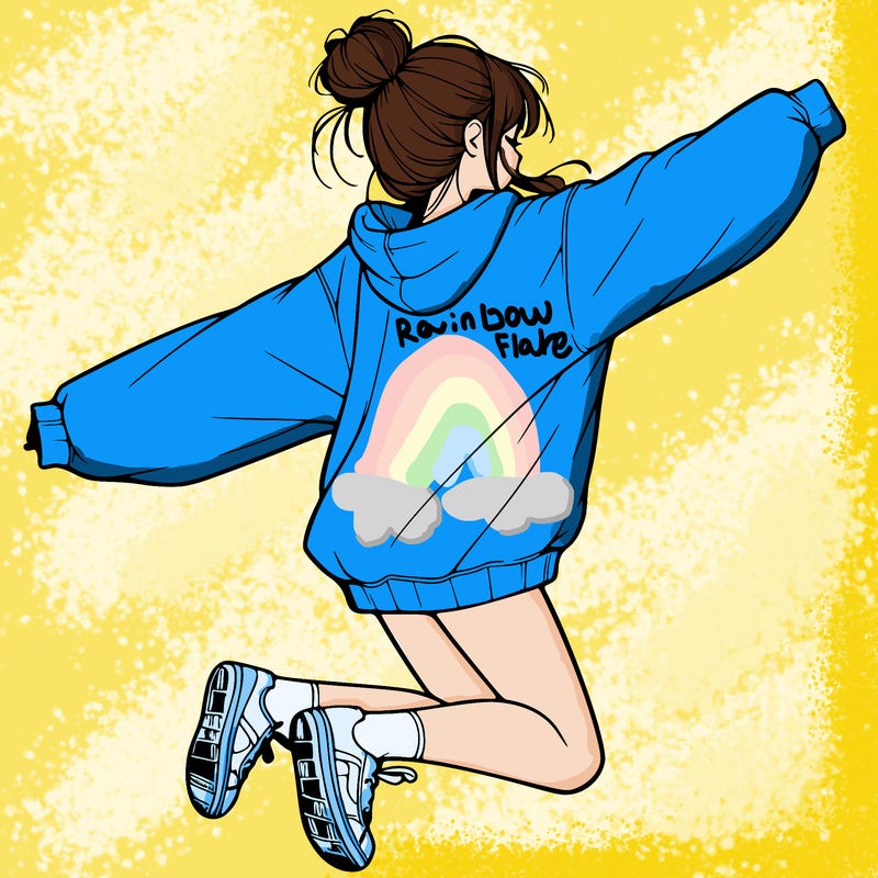 realistic girl jumping with a bun and oversized sweatshirt