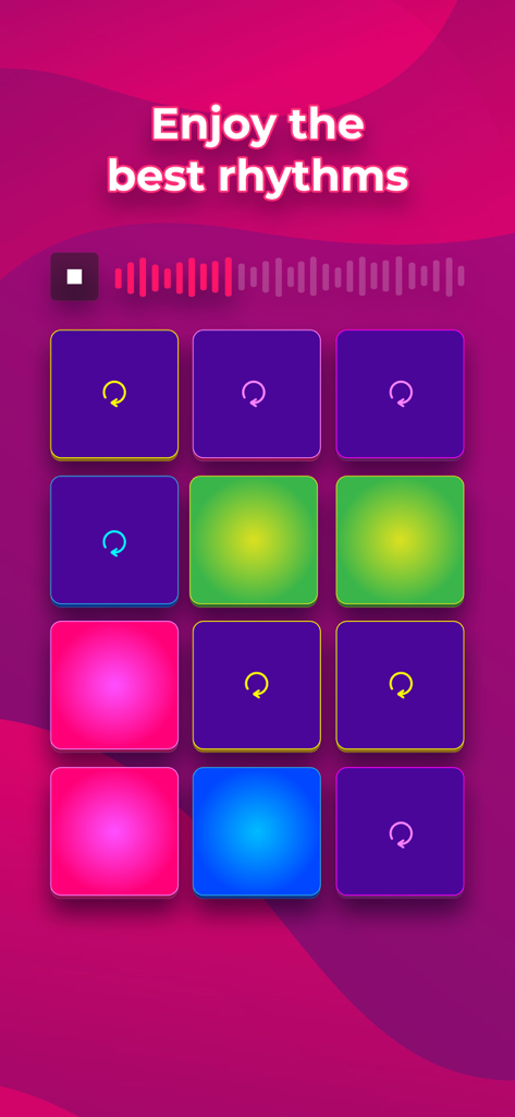 SUPER PADS - Become a DJ Mixer - Interfaz de almohadillas musicales coloridas en la aplicación DJ mixer de Super Pads para crear ritmos