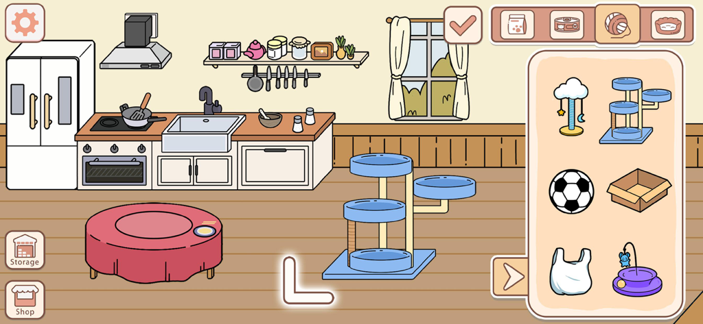 Dream House Decorating Games - Una acogedora escena de cocina de dibujos animados con un rascador de gatos y un menú de accesorios para mascotas en un juego de decoración del hogar.