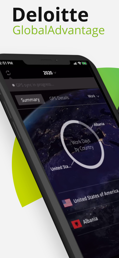Interface de l'application Deloitte GlobalAdvantage montrant un résumé des jours travaillés par pays sur une carte du monde.
