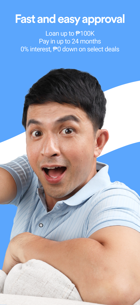 Skyro - Skyroアプリのテキストの隣にある驚いた男性が、迅速なローン承認と金利ゼロの取引を宣伝しています