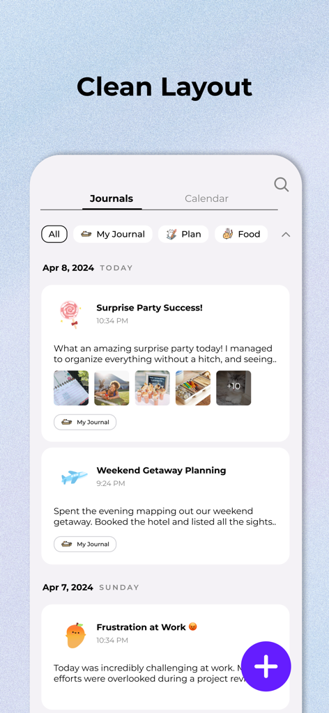 A clean and aesthetic journal feed in the Miuu Note app showing organized daily entries with photos and mood stickers