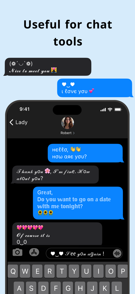 Letter Fonts - Text Stylish - iPhone interface showing aesthetic text fonts and symbols used in a mobile chat conversation