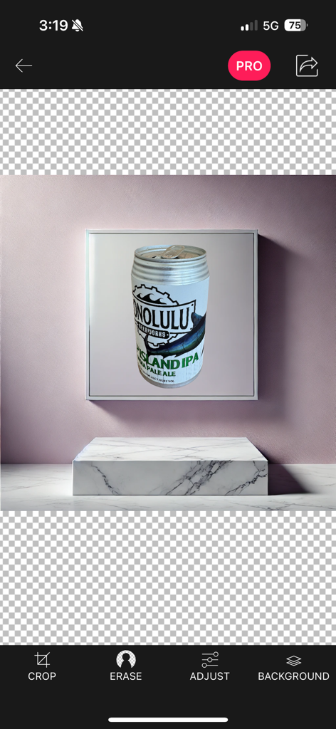 Interface of the Background Eraser app showing a beer can product photo placed on a marble podium with background removal tools
