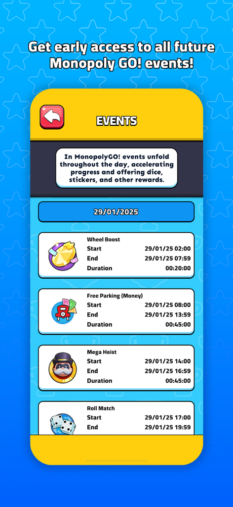 Sticker Trade - Schedule of upcoming Monopoly GO events with start and end times