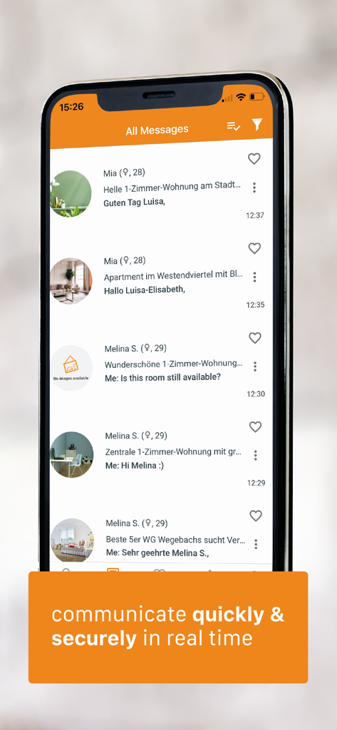 WG-Gesucht - Flats & Rooms - WG-Gesucht app interface showing the messaging inbox for real time communication with landlords and roommates