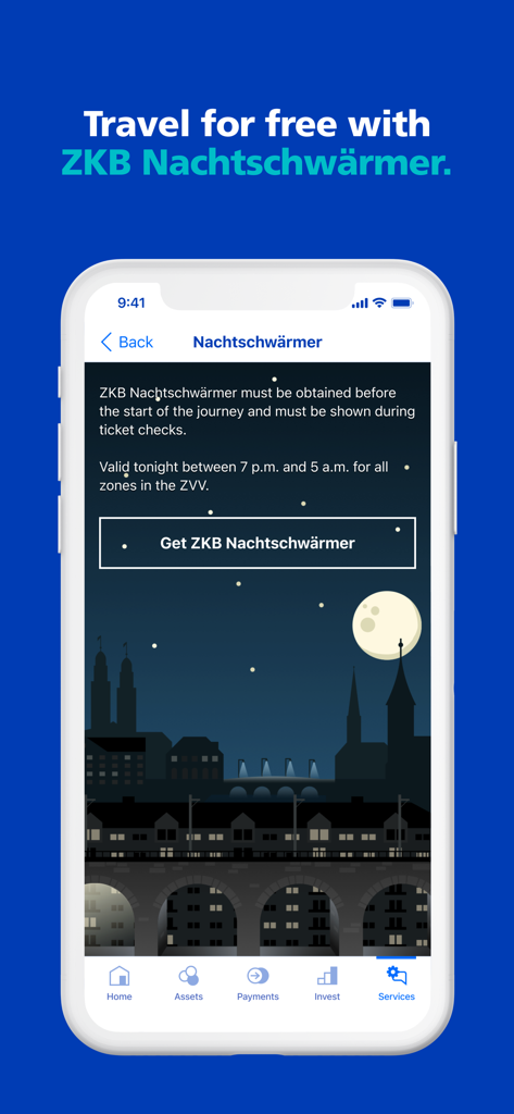 Ein Smartphone, das die Nachtschwärmer-Funktion der ZKB Mobile Banking App für kostenlose Nachtfahrten im ZVV-Verkehrsnetz anzeigt.