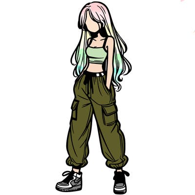 girl in baggy pants crop top and long hair