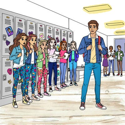 group of princesses in modern clothes who are in awe of a new student, who is a prince in modern clothes at their school.  there are other kids in the background,  lockers with different decorations on them, and other groups of teens looking at the princesses and prince