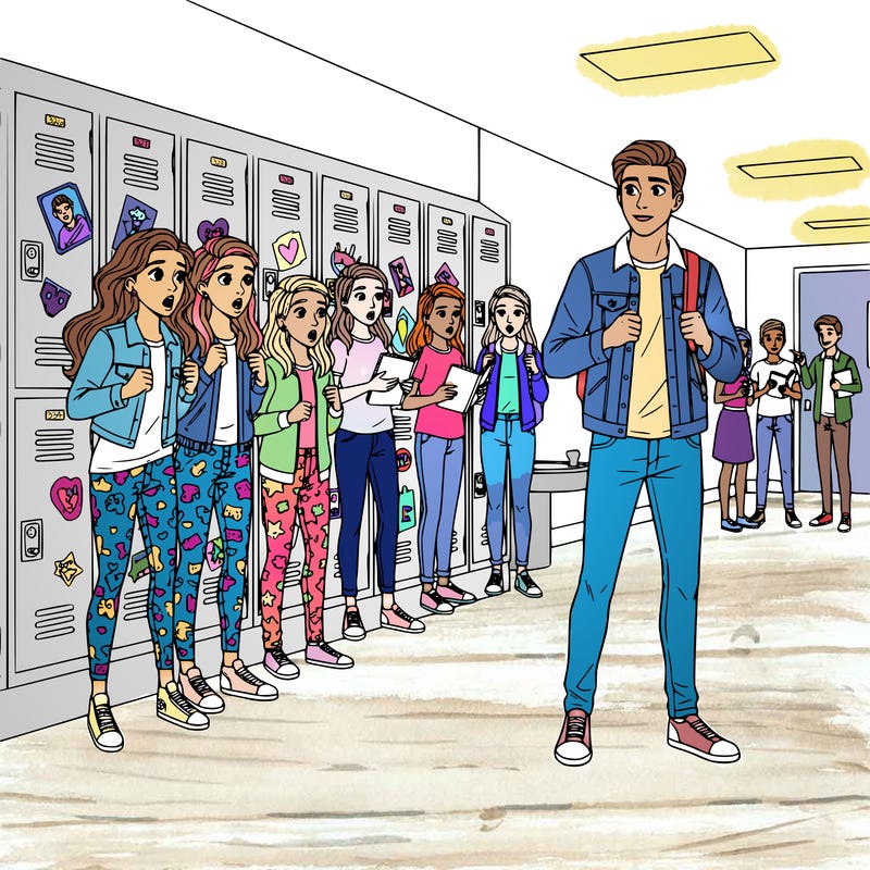 group of princesses in modern clothes who are in awe of a new student, who is a prince in modern clothes at their school.  there are other kids in the background,  lockers with different decorations on them, and other groups of teens looking at the princesses and prince