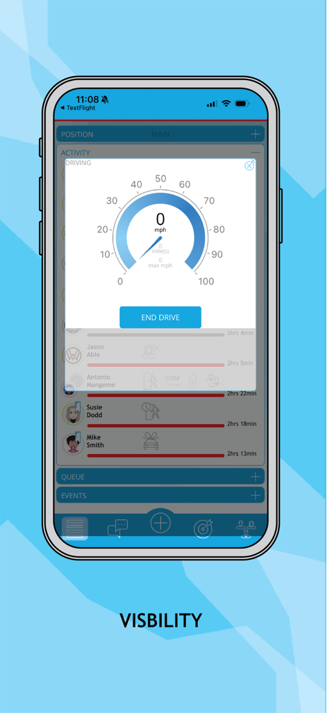 nextup mobile - Nextup Mobile App-Oberfläche, die den Drive-Mode-Tachometer zur Verfolgung von Fahrzeug-Probefahrten anzeigt.