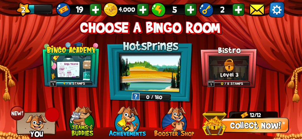 Abradoodle bingo room selection menu featuring themed rooms like Hot Springs and Bingo Academy with cute animal characters.
