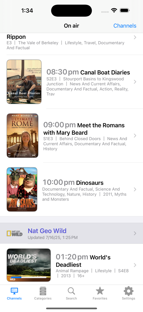 Worldwide TV - Worldwide TV app showing current and upcoming television schedules with program titles and broadcast times.