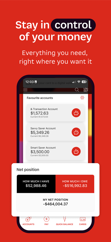 Painel do aplicativo móvel PN Bank exibindo saldos de conta e resumo da posição líquida