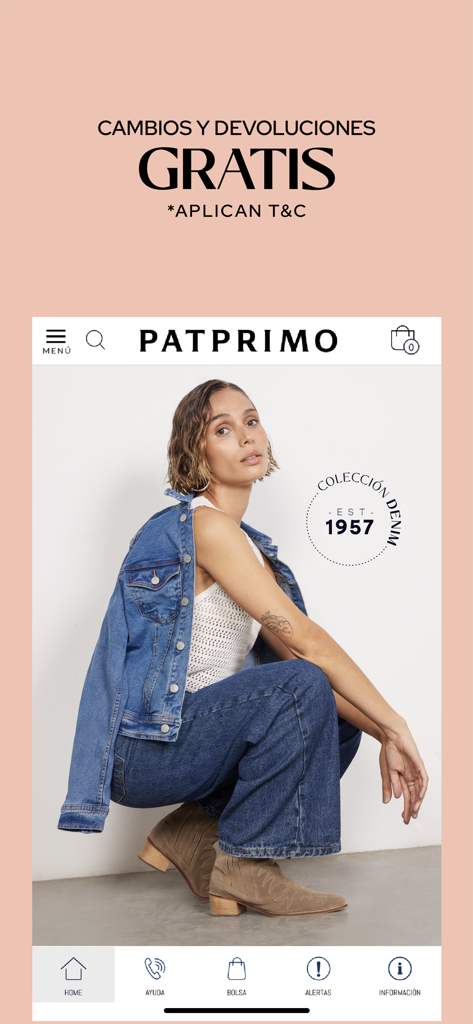 Patprimo mobile app home screen featuring the denim collection for women and free returns offer