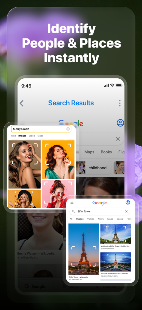 Lens | Reverse Image Search - Interfaccia di un'app mobile che mostra i risultati della ricerca per immagine per identificare persone e luoghi famosi