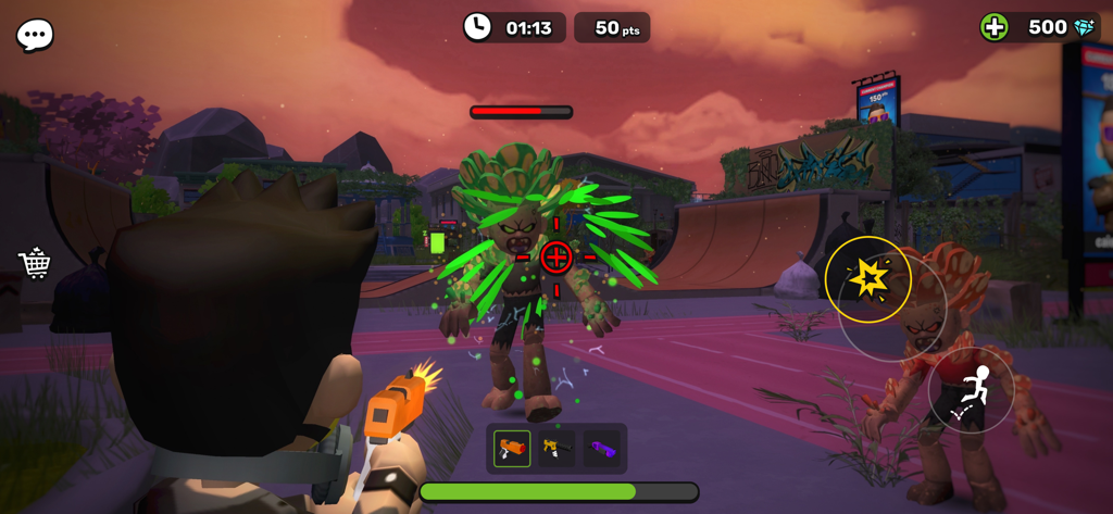 XDRP - XDRP에서 도시 스케이트 공원에서 물총으로 식물 같은 좀비에게 총을 쏘는 캐릭터