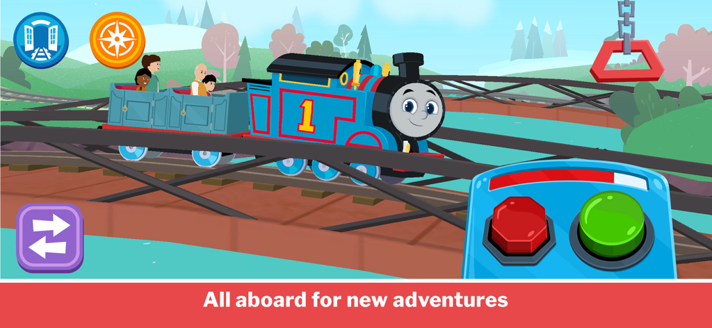 Thomas the Tank Engine pulling passengers across a bridge with large green and red control buttons on screen