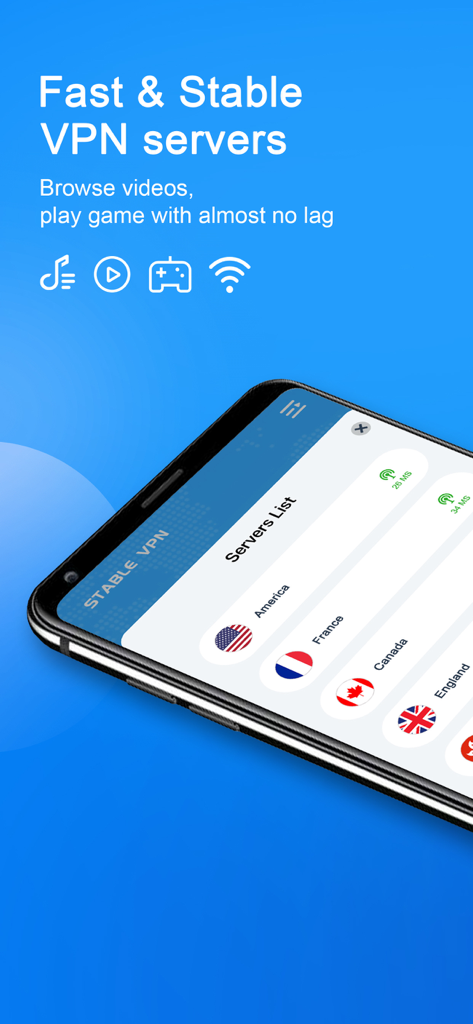 VPN Stable - Fast & Secure VPN - VPN Stable app interface showing a list of global servers for fast gaming and video streaming