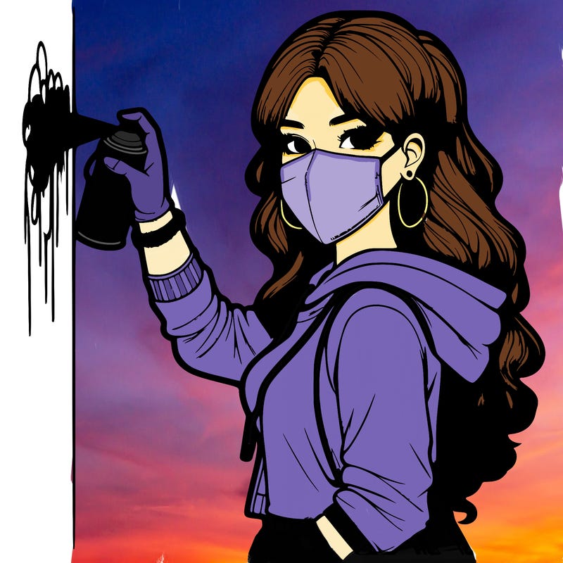 realistic girl with mask spray painting a wall