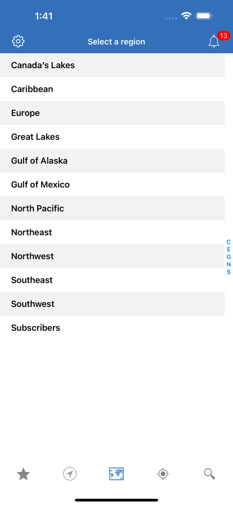NOAA Buoys Live Marine Weather - Selection screen for maritime regions in the NOAA Buoys app