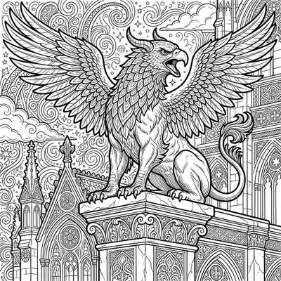 Embark on an epic coloring journey with this stunning griffin gargoyle template, perfect for teens seeking a detailed artistic challenge. Explore the intricate details of this mythical beast set against a captivating architectural backdrop.