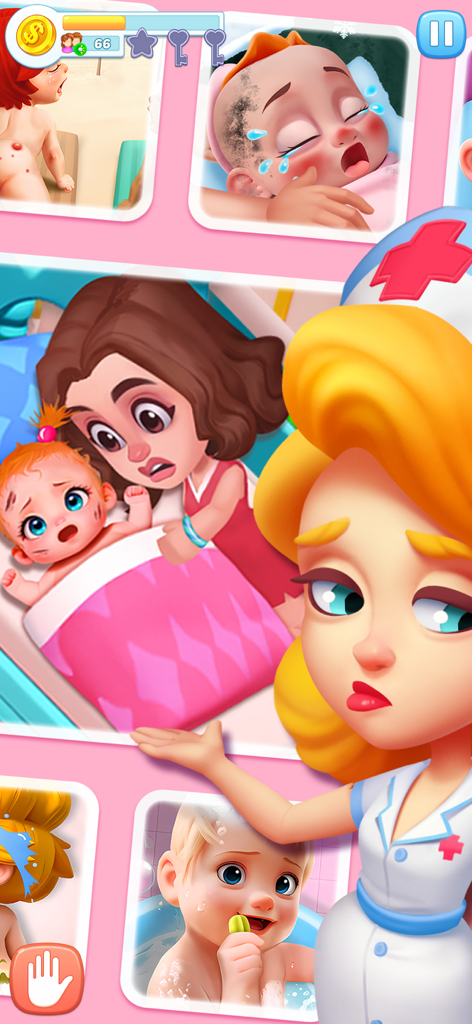 Happy Hospital ASMRゲームの赤ちゃん向けの様々な医療ケアシナリオに囲まれた、漫画の看護師キャラクター