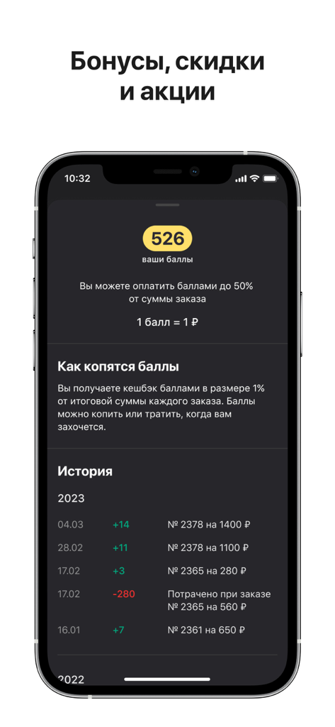 Пиццерия Маргаретти - Mobile app interface of Pizzeria Margaretti showing user loyalty points balance and transaction history