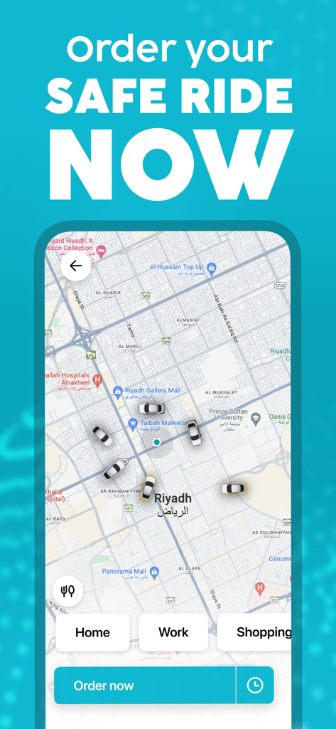 Wsslini app interface showing a map of available rides and an order now button