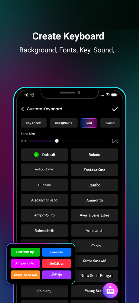 Interface for customizing keyboard fonts with various styles and sizes