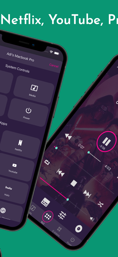 Interfaz de iPhone mostrando controles remotos para Mac y PC incluyendo Netflix Youtube y botones de reproducción multimedia