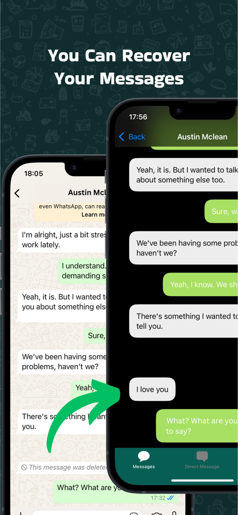 Screenshot of REWA app demonstrating the recovery of a deleted chat message on an iPhone