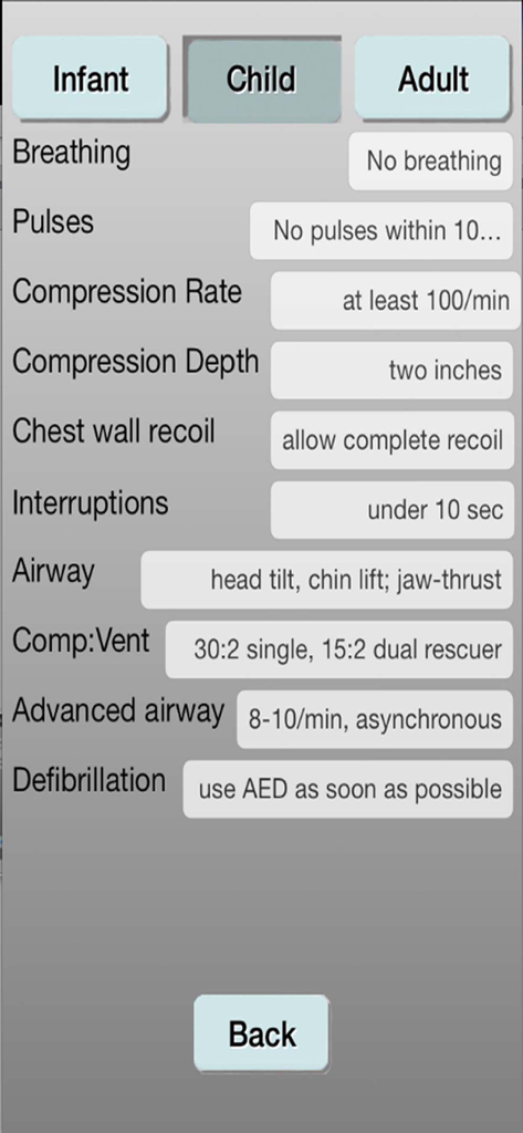 PALS Fast - PALS Fastアプリの画面。小児のCPR手順と蘇生ガイドラインが表示されています。