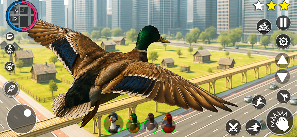 Duck Life In The City - A mallard duck flying over a 3D city in the Duck Life In The City mobile game with on screen controls