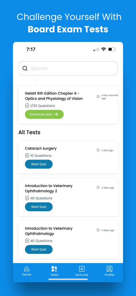 VetEye - Interface of the VetEye app showing board exam tests for veterinary ophthalmology students and professionals