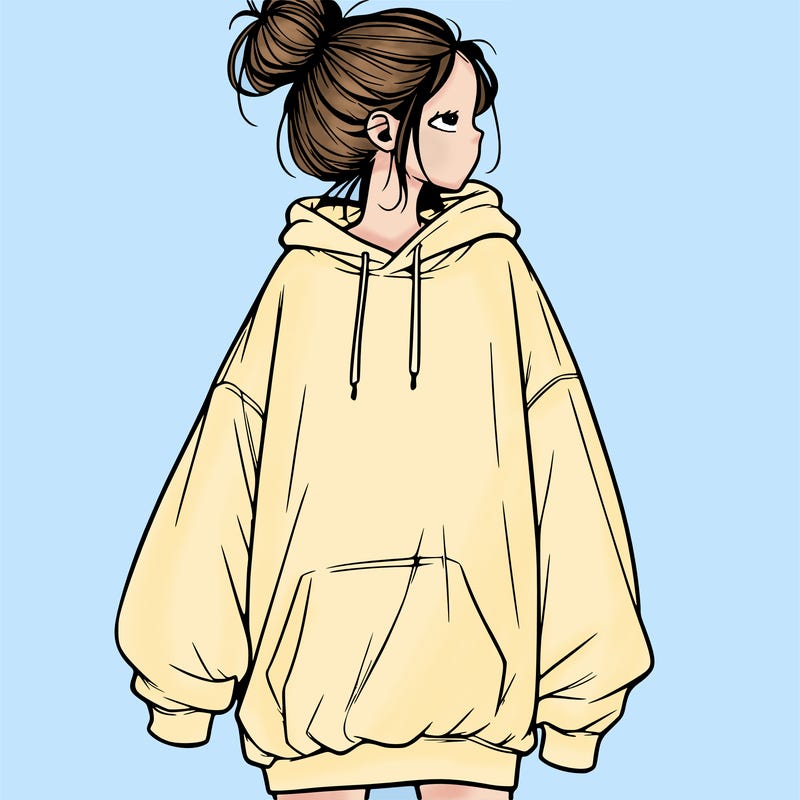 realistic girl with a oversized sweatshirt on and a bun