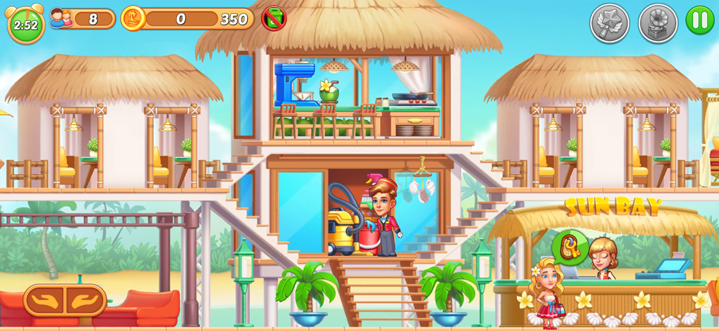 Un vibrante resort isleño tropical de varios pisos con un botones y un mostrador de recepción en My Hotel Grand Guest Mania