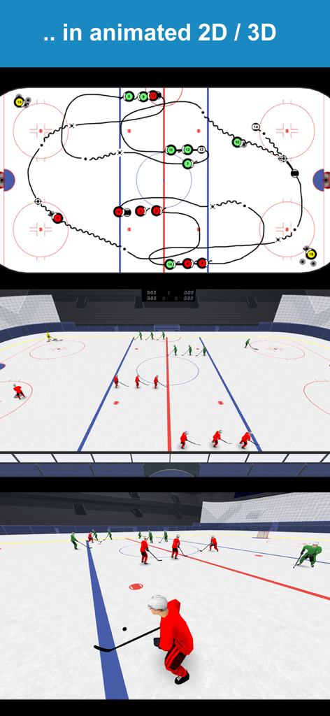 Visualización de ejercicio de hockey que muestra diagramas tácticos 2D y perspectivas animadas 3D de jugadores