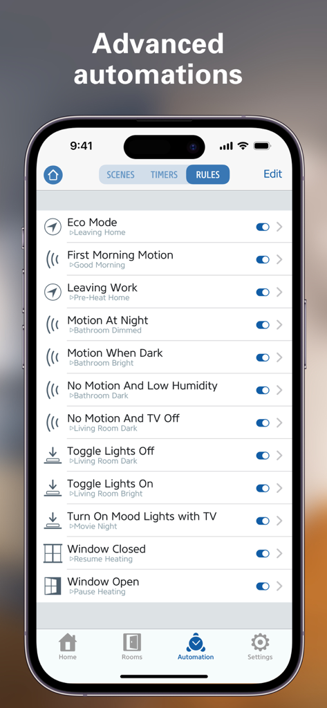 Eve for Matter & HomeKit - Eve app interface on an iPhone showing a list of advanced smart home automation rules.