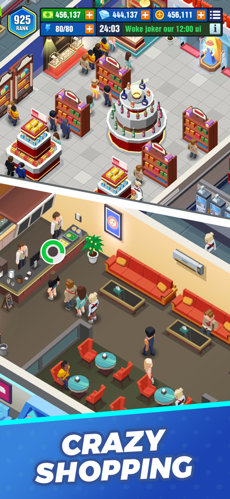 Idle Airport Empire Tycoon - Vista isométrica de una concurrida tienda libre de impuestos y una sala de pasajeros en un juego de gestión de aeropuertos