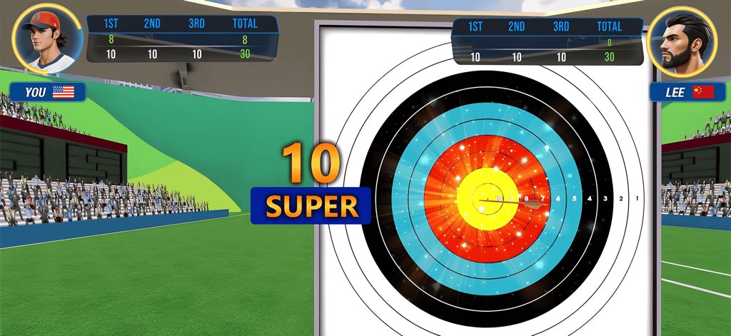 Gameplay compétitif de tir à l'arc dans World Sports Challenge 2025 montrant un tir en plein mille lors d'un match entre les USA et la Chine.