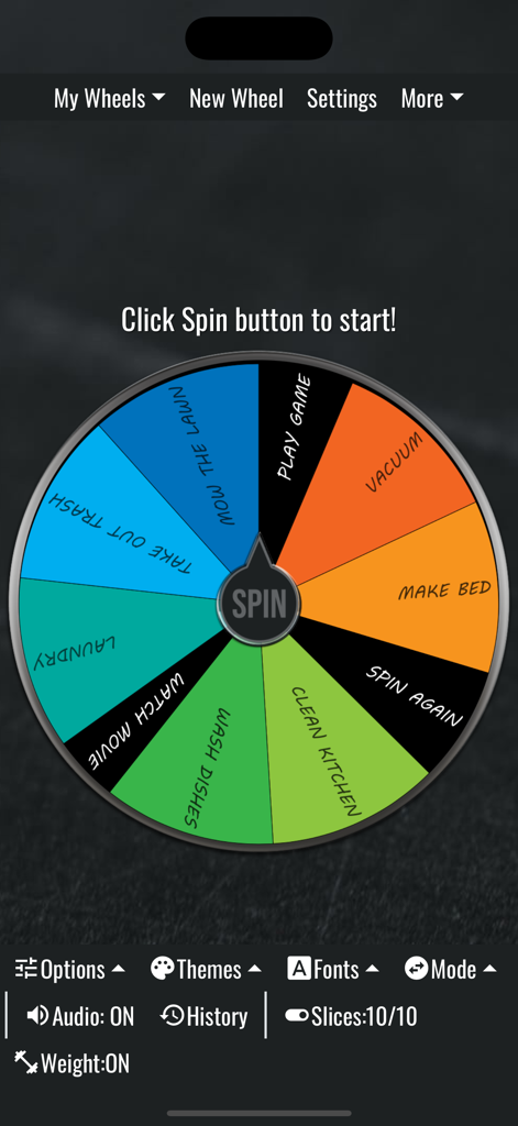 Spin The Wheel, Random Picker - Interface of the Spin The Wheel app showing a colorful wheel with household chores like vacuuming and laundry